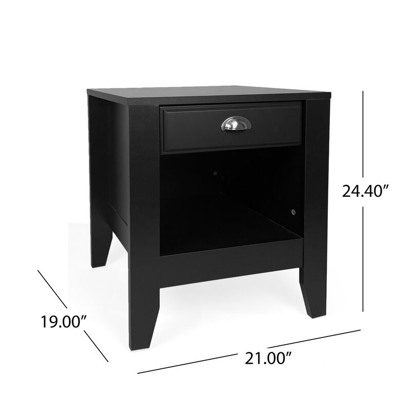 Crown Bedside Nightstand, 21 Inch, 1 Drawer and Open Shelf, Black MDF