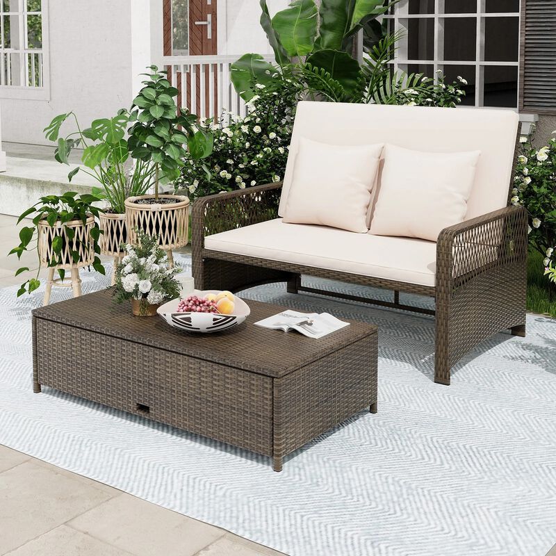 Mondawe Patio Adjustable Wicker Daybed with 4-Level Backrest and Soft Cushions