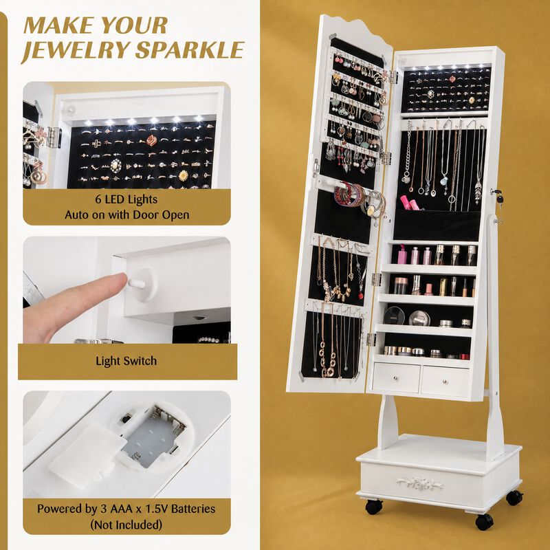 Rolling Lockable Jewelry Cabinet with Full-Length Mirror, LED Lights, Adjustable Angle and Bottom Drawer image number 4
