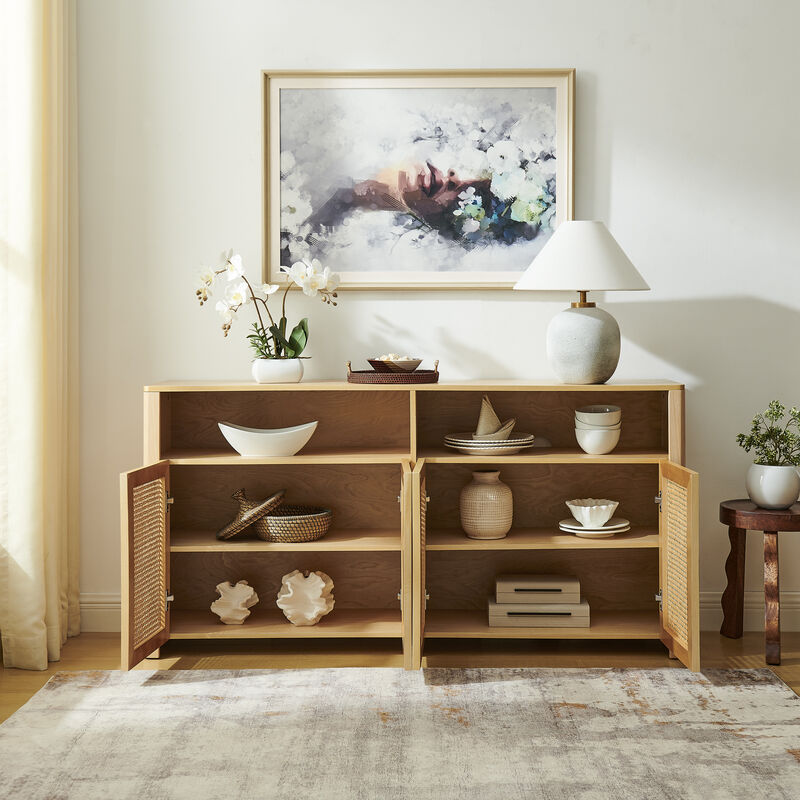 TATEUS 63" Mid Century Rattan Media Console, Retro Coffee Wine Bar Buffet Cabinet Large Credenza Storage image number 2