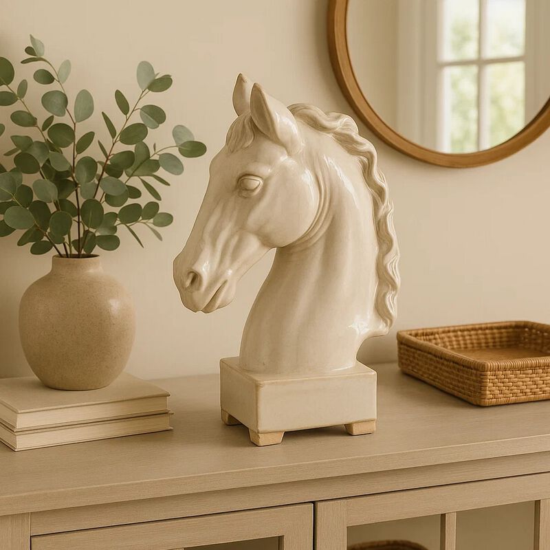 Transitional Style Ceramic Horse Head Decor Piece, Large, Beige image number 1