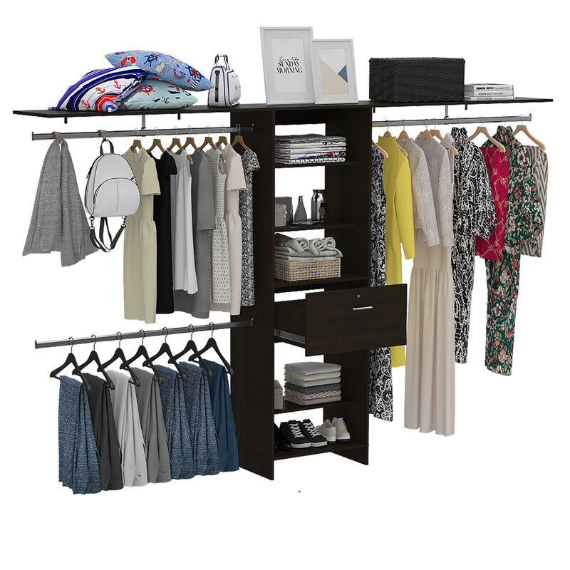 DEPOT E-SHOP Zamora 70"W - 118"W Closet System, Three Hanging Rods, Five Shelves, One Drawer, Black
