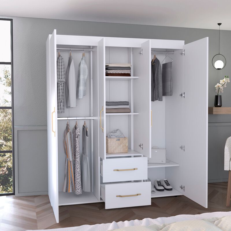 Bariloche Wardrobe, Multi-Section Storage with Hanging Rods, Shelves, and 2 Drawers-White