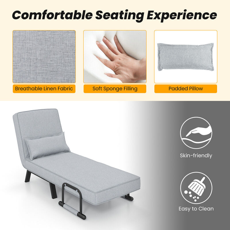 Convertible Folding Sleeper Lounge Chair with 6 Positions and Plush Pillow