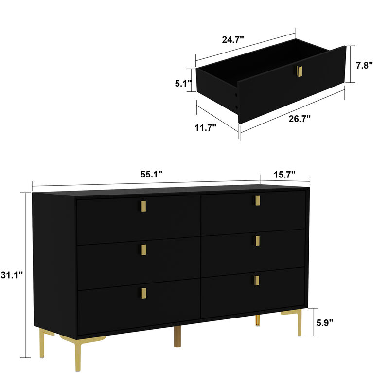 6-Drawer Black Wooden Chest of Drawers Dresser Modern Style Storage Cabinet (55.1 in. W x 31.1 in. H x 15.7 in. D)