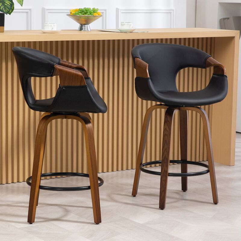 Glamour Home Baylor Black Faux Leather Counter Stool with Walnut Wooden Legs