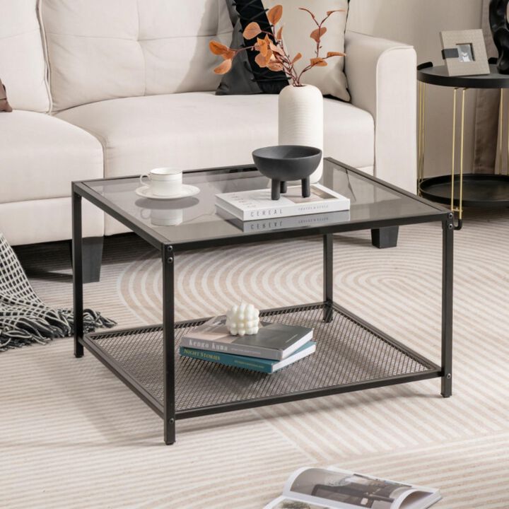 Hivvago Modern 2-Tier Square Glass Coffee Table with Mesh Shelf