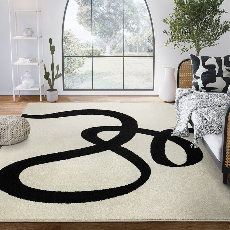 Abani Abstract Beige/Black Area Rug - 6'x9' - Modern Curved Line Design - Deco Collection - Easy to Clean - Durable for High Tra