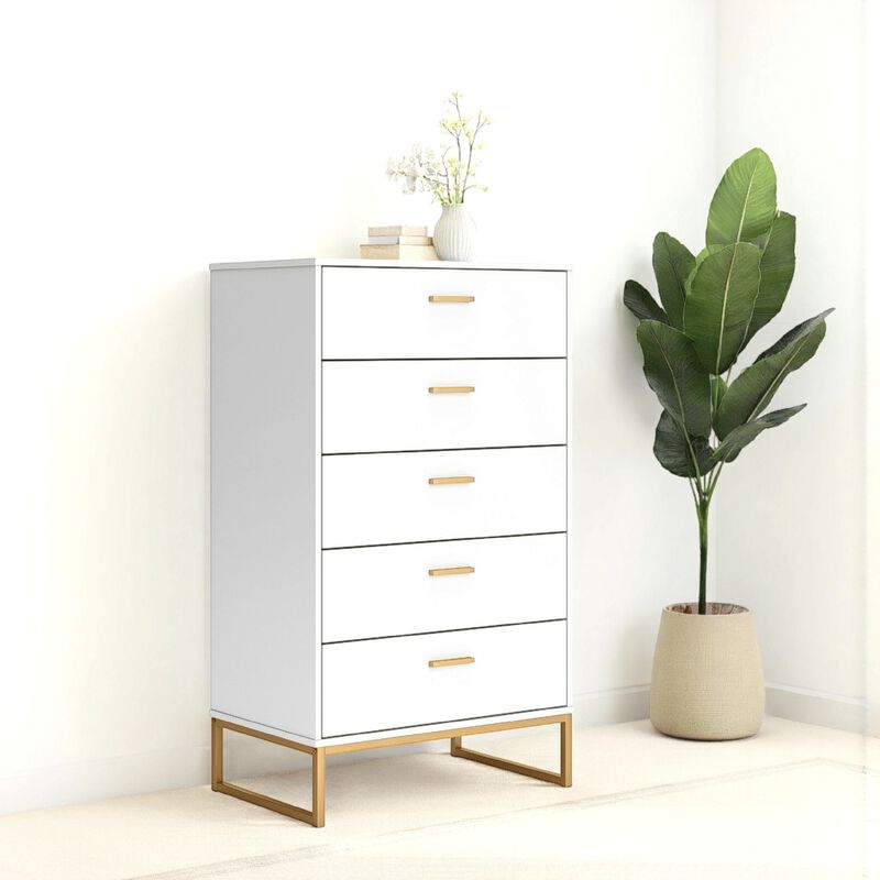 Alli Tall Dresser Chest, 5 Drawers, Matte White, Gold Metal, 51 Inch