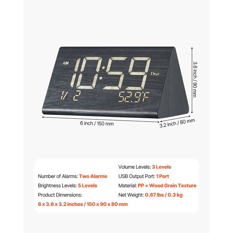 Digital Wooden Alarm Clock with Voice Control Dual Alarm USB Charger image number 2