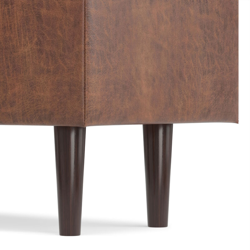 Shay Mid Century Rectangular Storage Ottoman in Distressed Saddle Brown Faux Leather