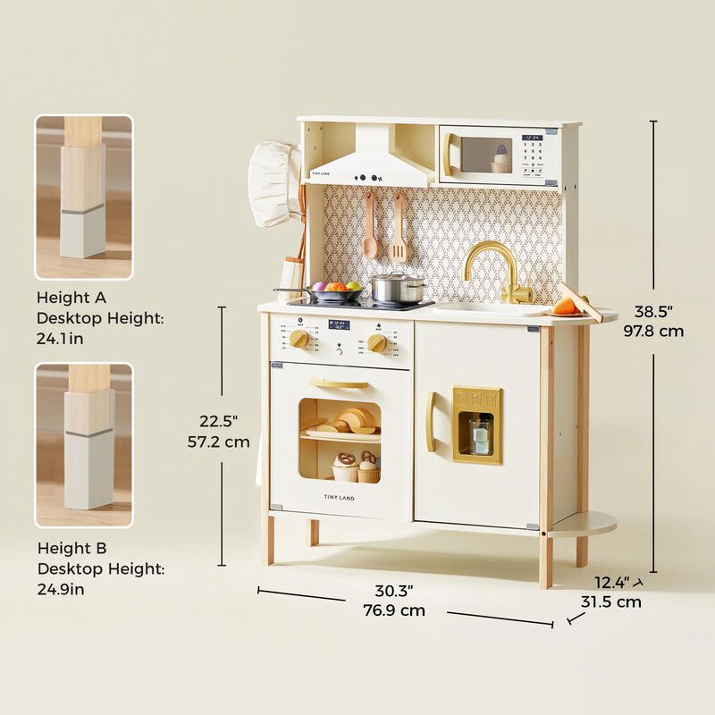 PopJoy Play Kitchen for Kids - Wooden Pretend Play Set with Lights & Sounds & Adjustable Height, Wooden Chef Pretend Play Set image number 2