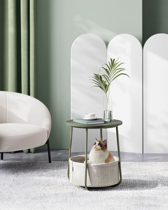 Bedside End Table with Fabric Bin – Small Accent Table with Storage Basket for Books, Blankets or Remotes