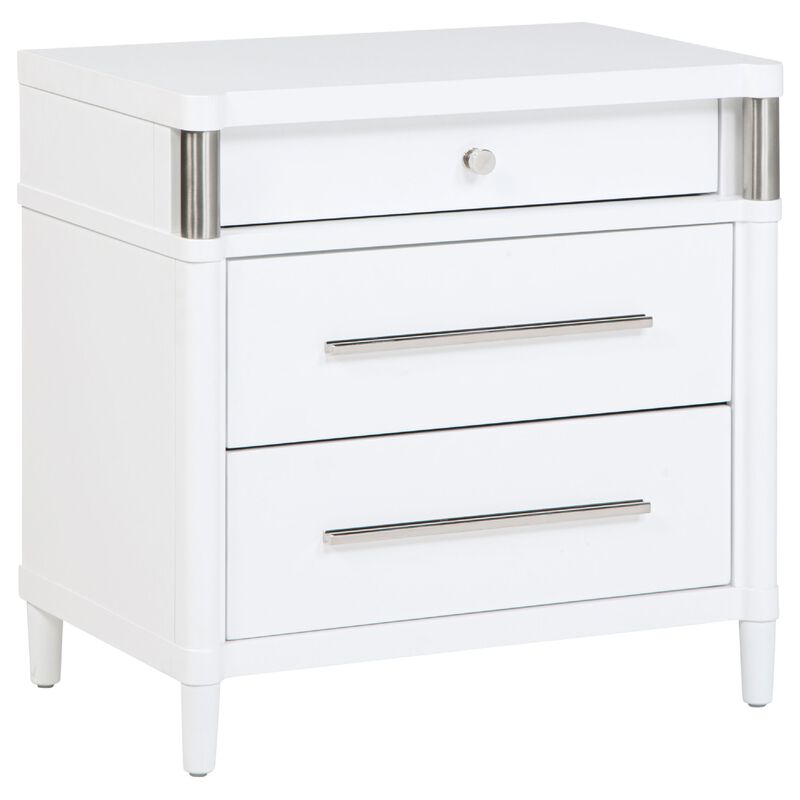 Ruvie Nightstand with 3 Drawers, Metal Post Accent, White Wood 26 Inch image number 2