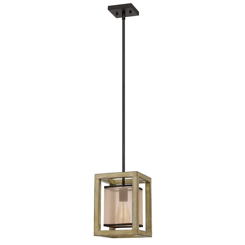 Acia 8 Inch Pendant Light, Rustic Brown Organza Shade, Wood, Metal - Benzara