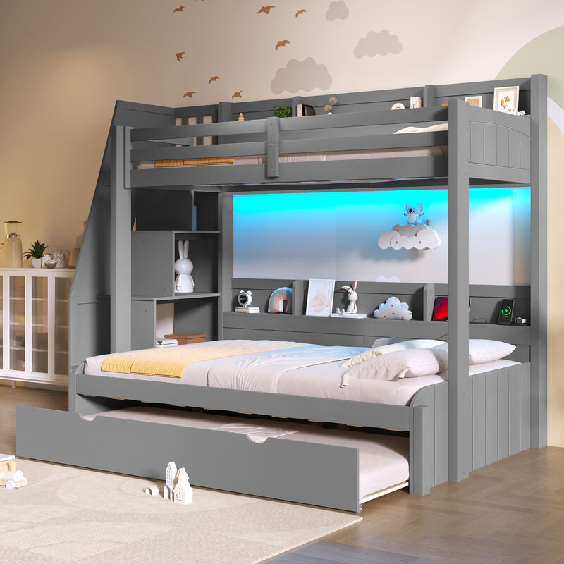 Merax Twin over Full Wooden Bunk Bed with Storage Stairs image number 1
