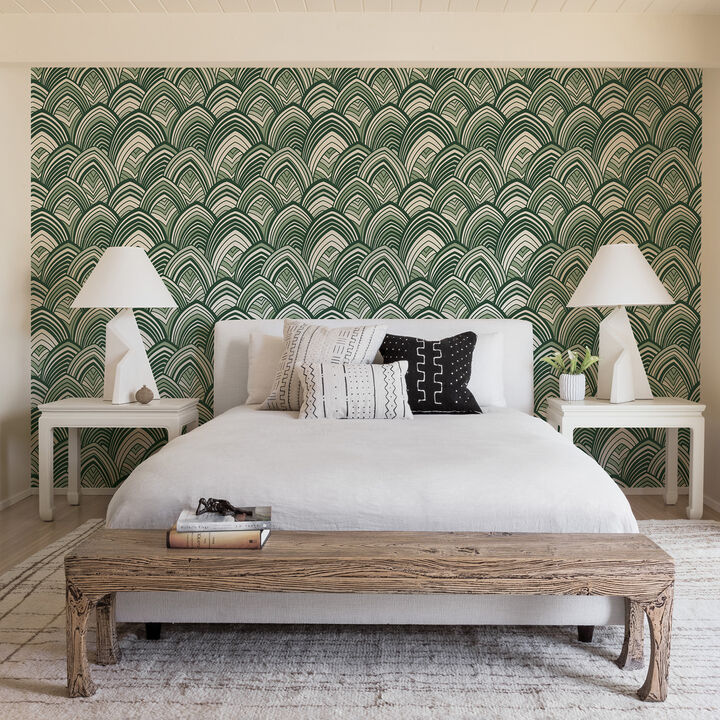 Cabarita Green Art Deco Flocked Leaves Wallpaper