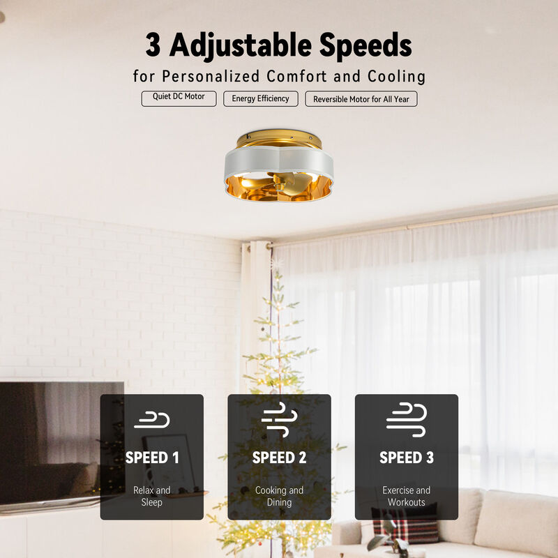 13" Gold Flush Mount Ceiling Fan with LED Light and Remote