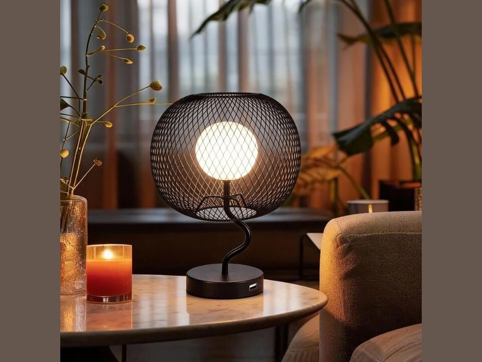 Industrial Table Lamp with Touch Dimming, USB-C Rechargeable & Metal Mesh Shade