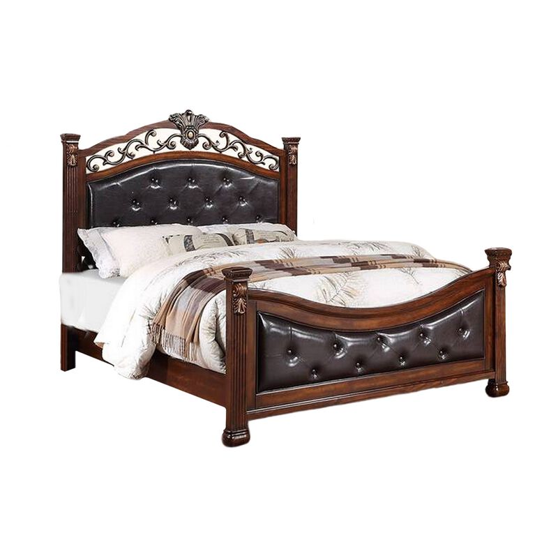 Jax California King Bed, Button Tufted Upholstered Headboard, Cherry Brown - Benzara