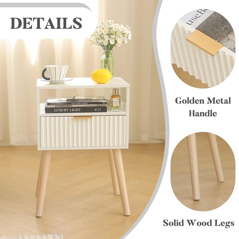Fultyle Night Stand, White Bedside Table with Drawers and Open Shelf, Fluted Nightstand with Solid Wood Legs for Bedroom, Side T