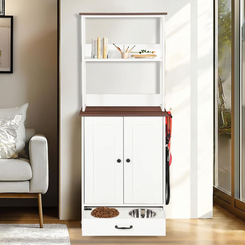 Pet Feeding Station with Bowls,Station with Storage,Dogs Cats feeding station with 2-level shelving image number 1