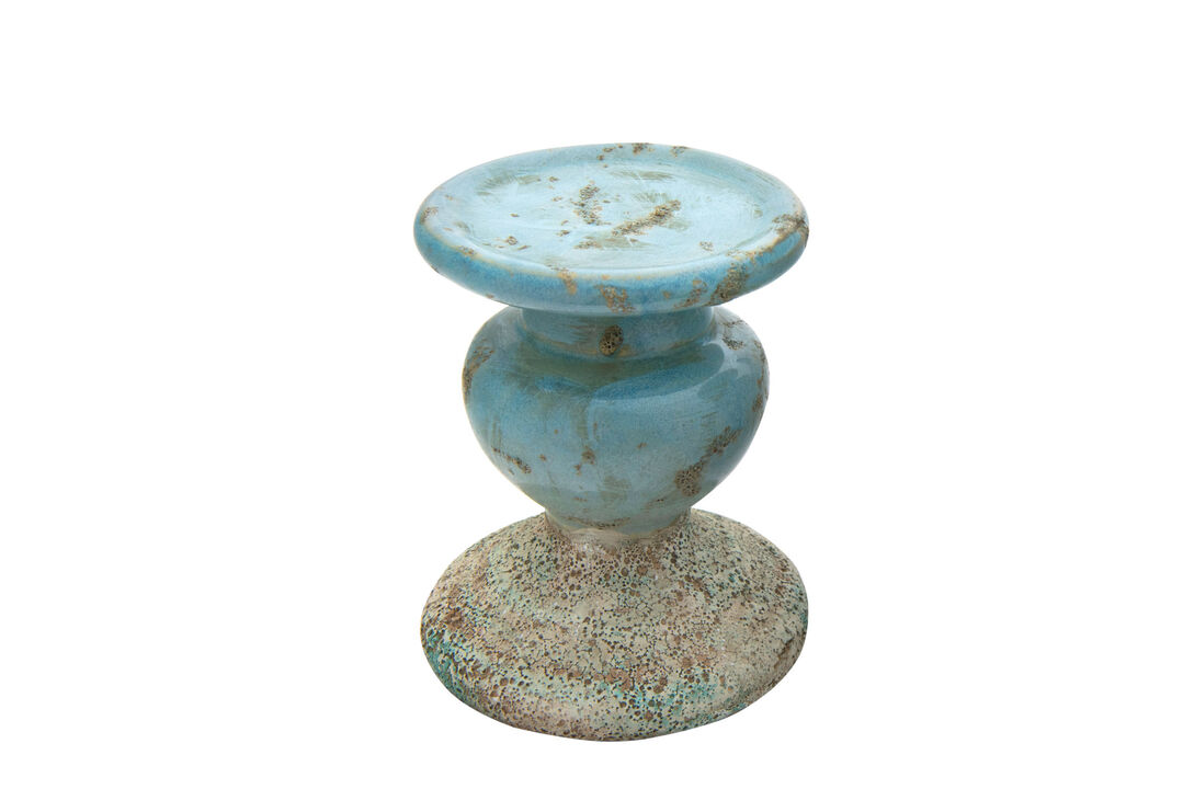 Small Distressed Round Terra-cotta Pillar Candleholder, Blue