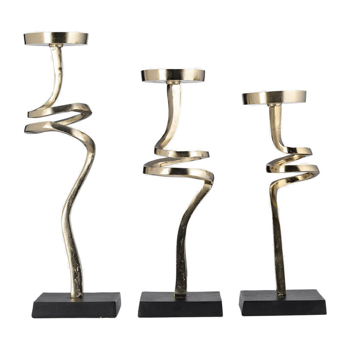 13, 15, 17 Inch Candle Pillar Holder, Set of 3, Abstract Style, Gold, Black - Benzara