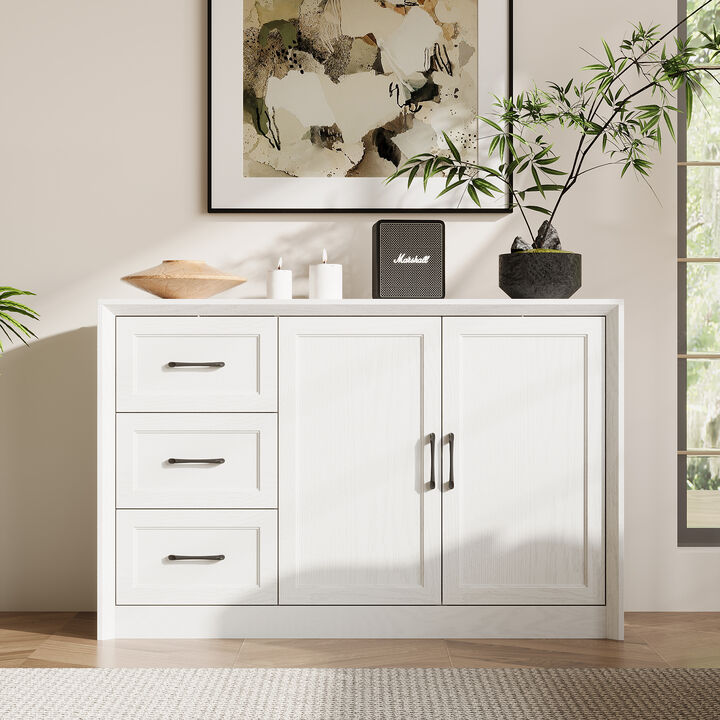 FUFU&GAGA 2-Door 3-Drawer Storage Cabinet with Black Metal Handles, Wood Grain Finish (47.2"W x 15.7"D x 30.7"H), White Oak