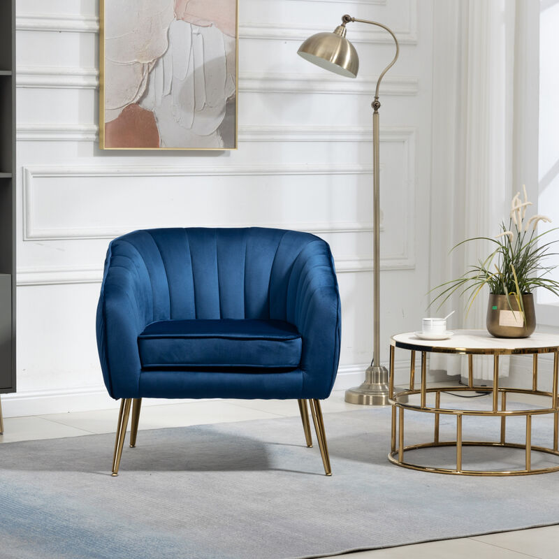 Velvet Accent Chair with Ottoman, Modern Tufted Barrel Chair Ottoman Set for Living Room Bedroom, Golden Finished, Blue