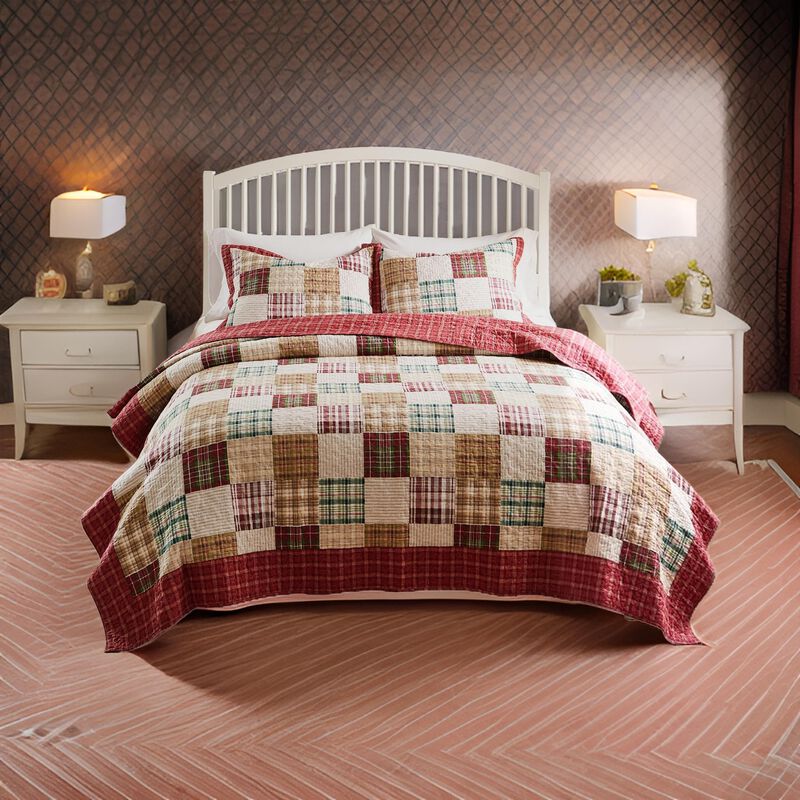 Evi 3pc Full Queen Quilt and Pillow Sham Set, Plaid Pattern, Multicolor - Benzara