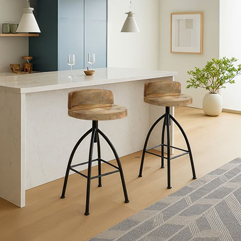 Pia 25-31 Inch Set of 2 Industrial Style Counter Height Stools with Adjustable Swivel Seat, Brown, Black