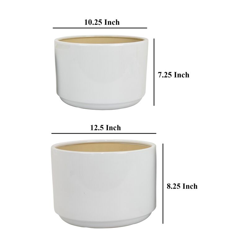 Accent Planter Set of 2, Wide Base, Modern Minimalist White Ceramic - Benzara