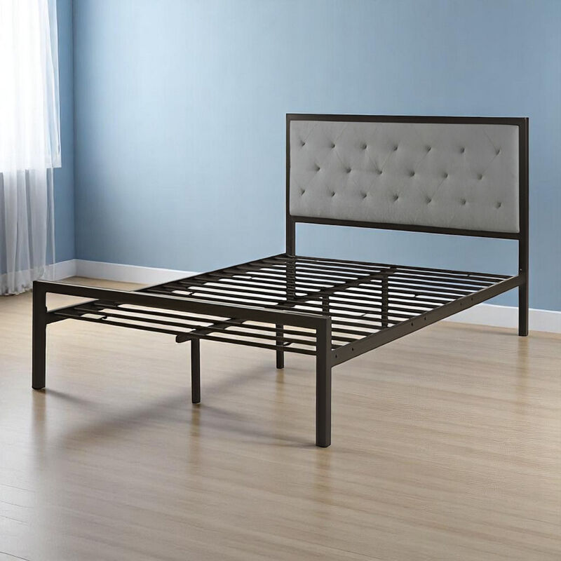 Low Profile Metal Bed Frame &ndash; Contemporary Upholstered Headboard with Slat Base