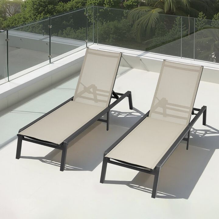 Outdoor Reclining Lounge Chairs Set of 2, Folding Sun Tanning Chairs with Adjustable Backrest-Beige