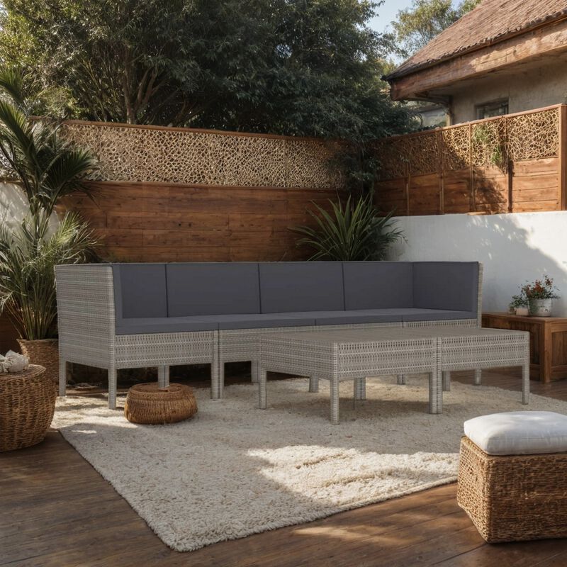6pc Outdoor Modular Sofa and Table Set, White Polyester, Gray Rattan - Benzara
