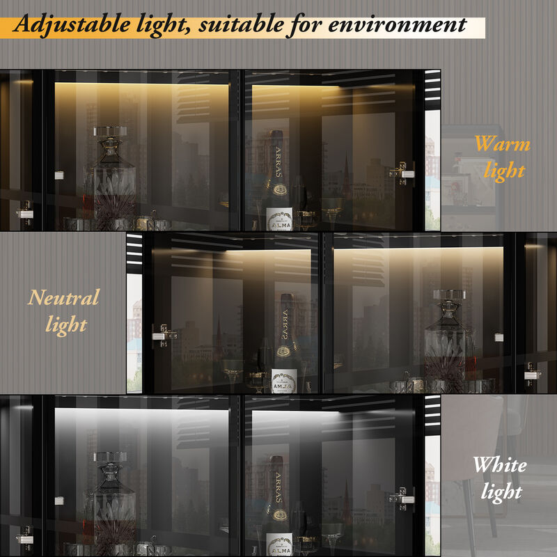 FUFU&GAGA Wood Storage Cabinet Display Cabinet with Tempered Glass Doors, 3-Color LED Lights, and Aluminum Framed, (94.5" L x 15.7" W x 63" H), Black