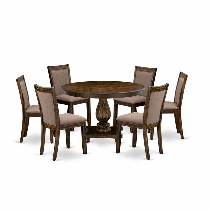 East West Furniture F2MZ7-748 7Pc Dining Set - Round Table and 6 Parson Chairs - Distressed Jacobean Color