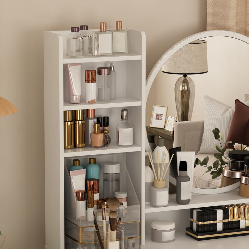 5-Drawers White Makeup Vanity Table Set with Stool Dressing Desk Vanity Wood with Round Mirror Storage Shelves
