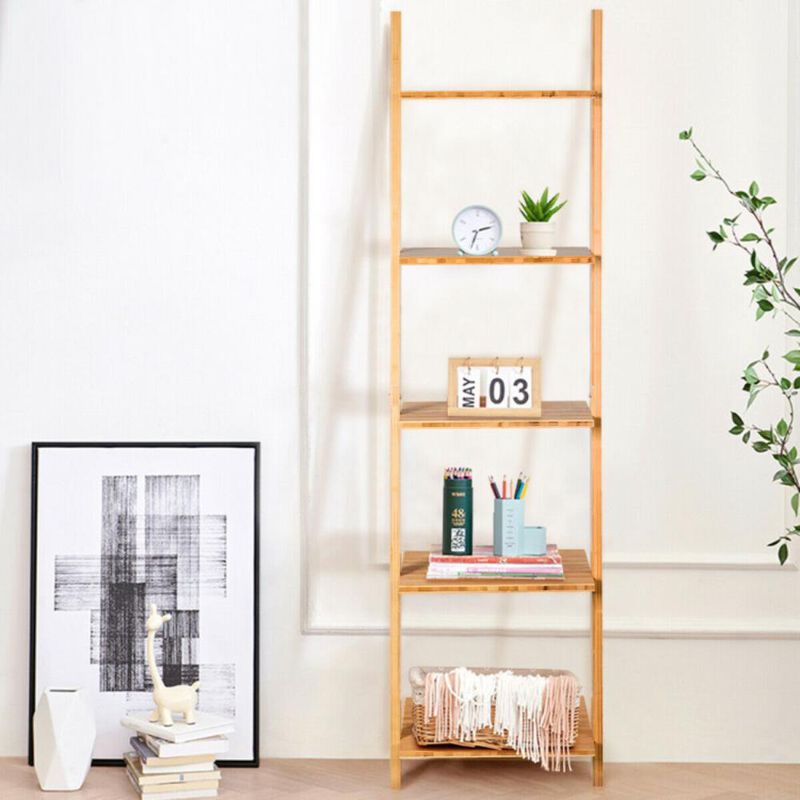 Hivvago 5-Tier Modern Bamboo Wall-Leaning Display Ladder Bookshelf