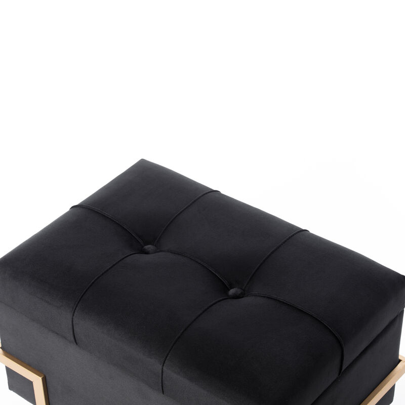 Rectangular Velvet Storage Ottoman with Gold Legs, Black