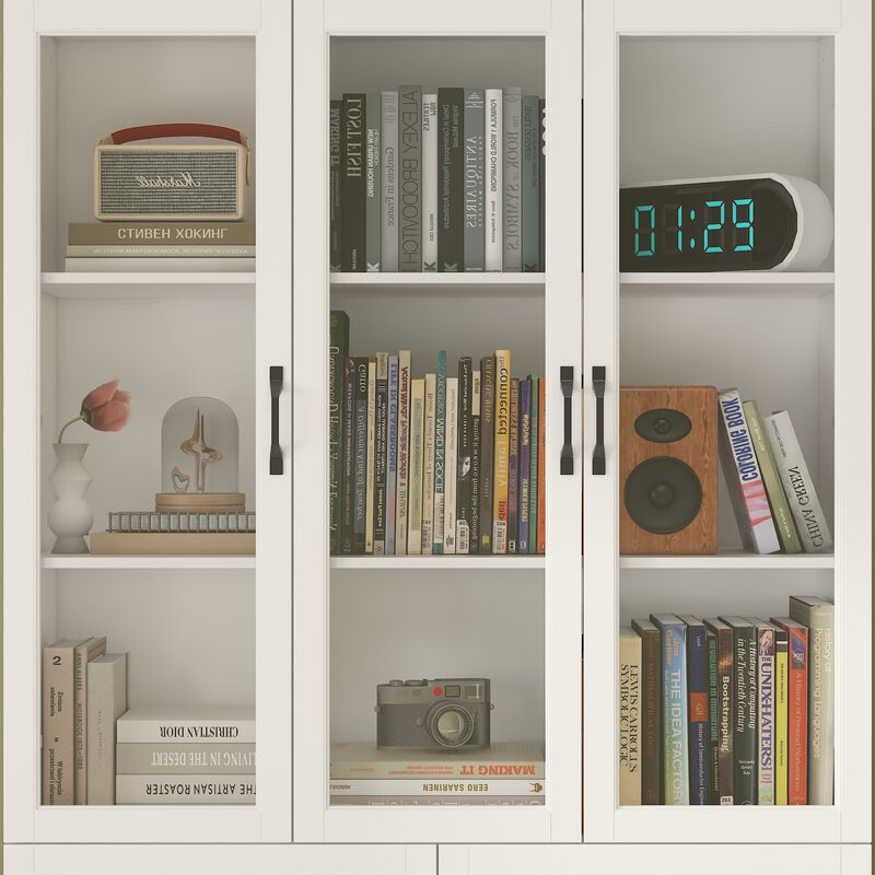 FUFU&GAGA Bookcase with Glass Doors, Drawers, and Storage Cabinets (47.2" W x 15.7" D x 78.7" H) White