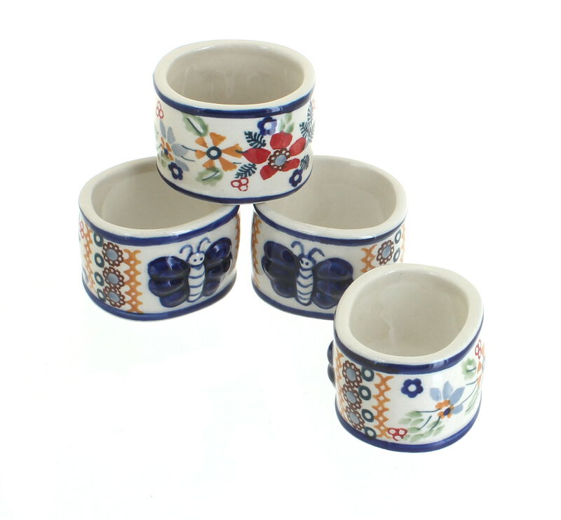 Blue Rose Polish Pottery Sage Floral Napkin Ring Set