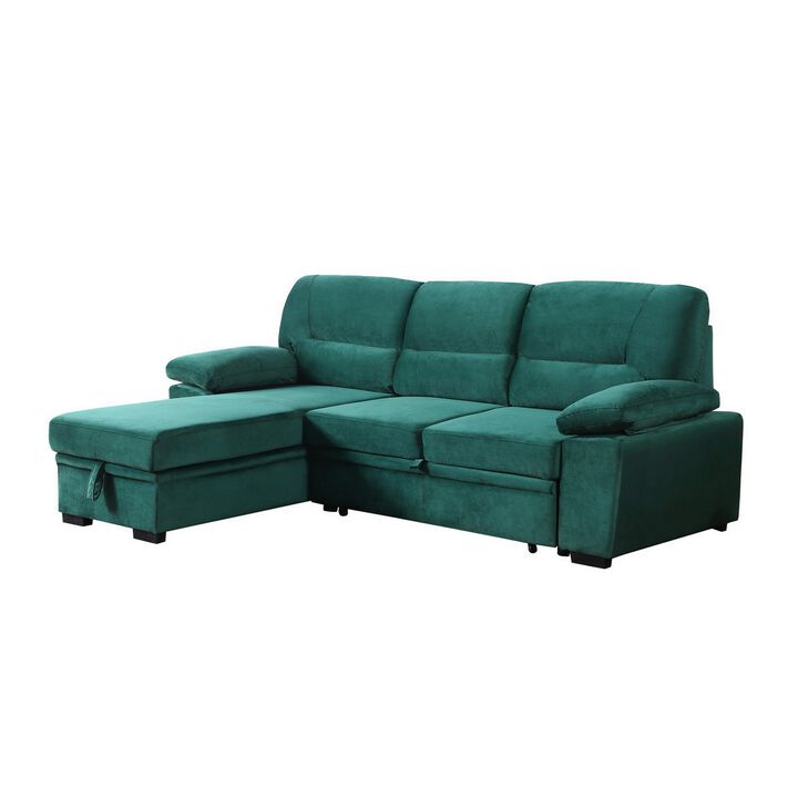Exie 98 Inch 2 Piece Sectional Sofa, Pull Out Bed, Storage, Green Velvet-Benzara