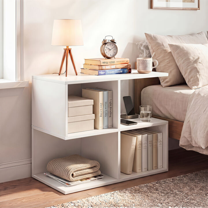 S-Shaped 3-Tier End Table with 4 Storage Cubes, Modern Side Table for Living Room-White
