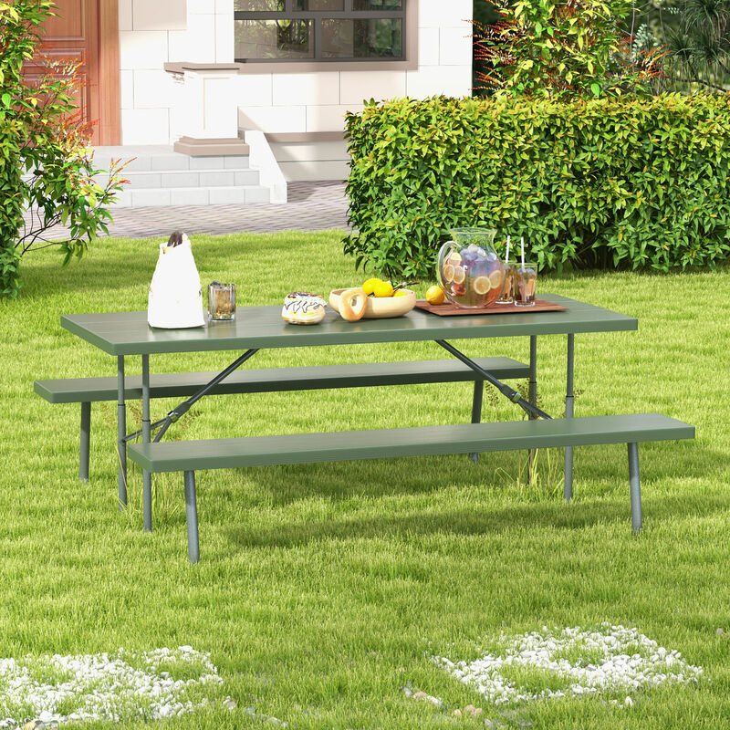 Folding Picnic Table Set with Metal Frame, All-Weather HDPE Tabletop, and Umbrella Hole
