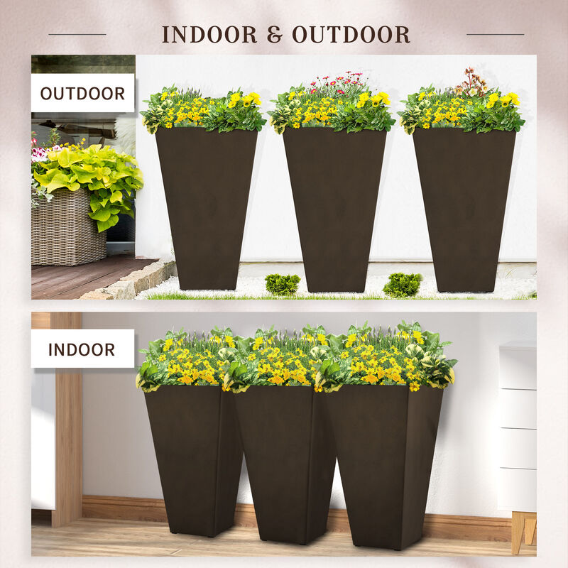 Outsunny Set of 3 Tall Planters with Drainage Hole, 28" Outdoor Flower Pots, Indoor Planters for Porch Patio and Deck, Brown