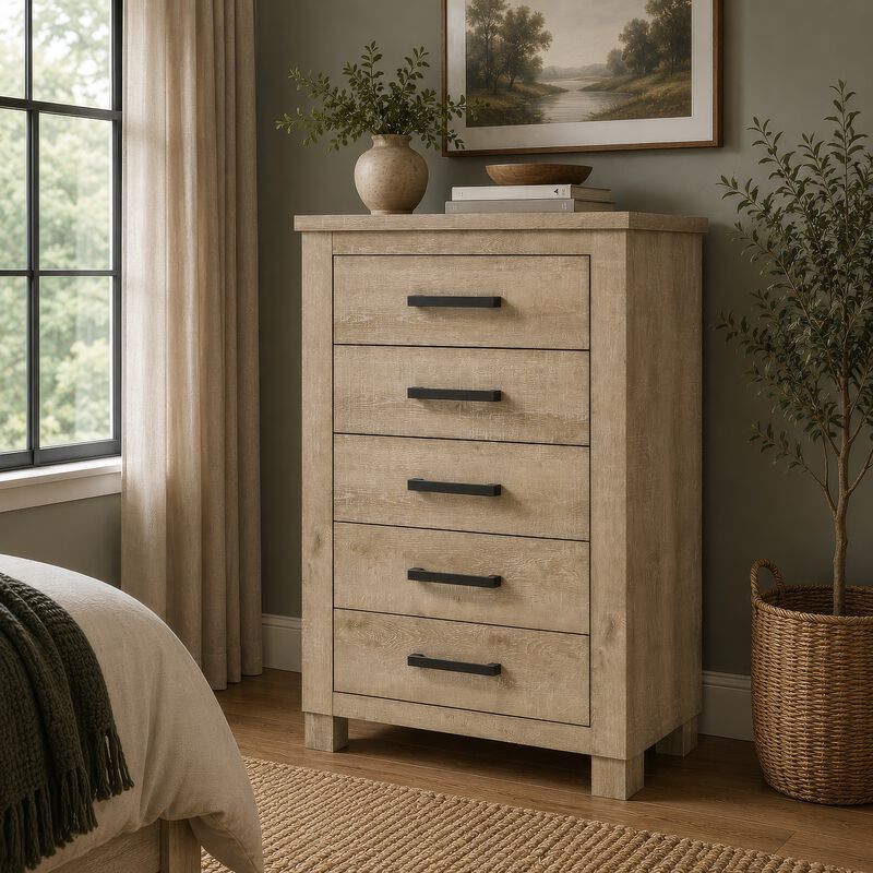 Tyna Tall Dresser Chest with 5 Drawers, Bronze Metal, Weathered Oak Beige image number 8