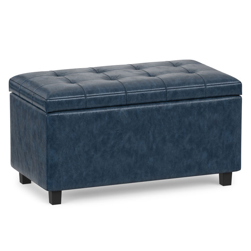 Cosmopolitan 34 inch Wide Contemporary Rectangle Storage Ottoman in Denim Blue Vegan Faux Leather, Assembled image number 0