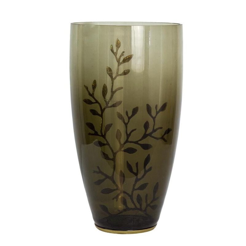 HomeRoots 15" Dark Olive Green And Gold Branch Patterned Glass And Aluminum Table Vase image number 3